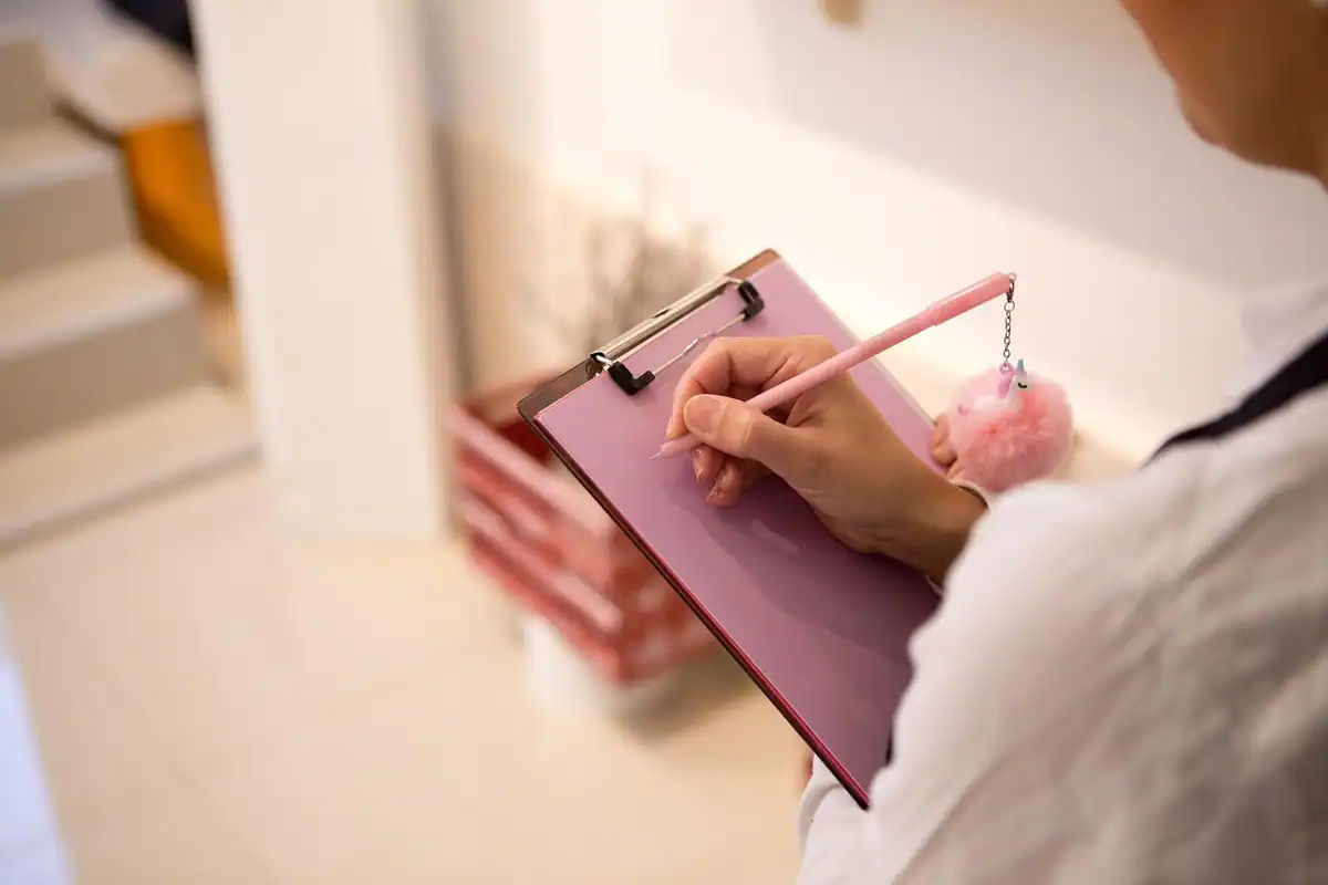 Medic scrie pe un clipboard cu un pix roz, într-un cabinet