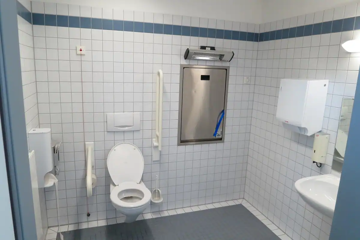 Baie accesibilă cu toaletă și bară de sprijin, pentru persoane vârstnice